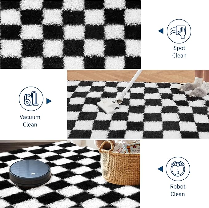 Garvee Checkered Fluffy Runner Rugs 2x6 Runner Rug for Hallyway Non-Slip Ultra Soft Checkered Fluffy Rugs for Girls Kids Room Shag Plush Rug for Teen Room Decor Bedroom,Black