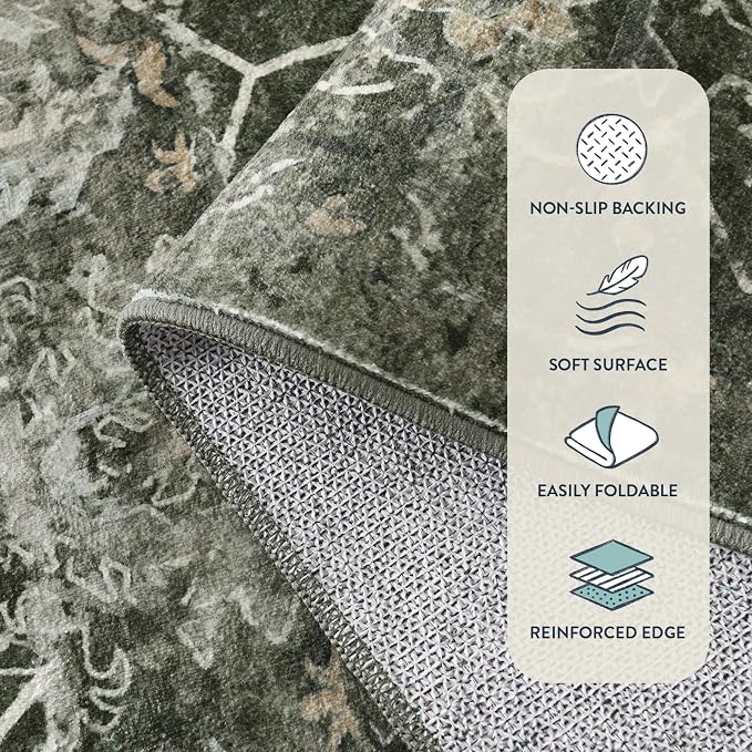 Lahome Margot Boho Green Area Rugs 9x12 Living Room,Washable Large Rugs for Bedroom Aesthetic,Vintage Distressed Non Slip Low Pile Dining Room Rug Carpet for Home Office Playroom(9'x12',Green)