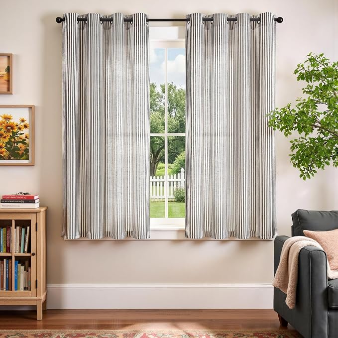 Vangao Linen Stripe Black Curtains Tickingstripe Light Filtering Window Curtains Pinstripe Printed on Beige Drapes 63 Inches Long for Living Room Bedroom Dorm 2 Panels
