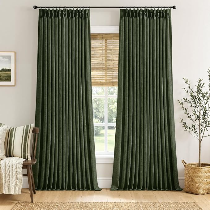 MIULEE Pinch Pleated Thick Linen Curtains 102 Inches Long 2 Panels for Living Room Bedroom, Linen Textured Drapes Pleat Back Tab Memory Trained Light Filtering Boho Loden Window Curtains with Hooks