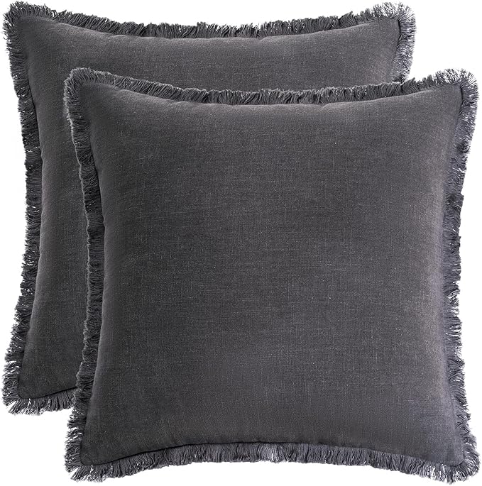 AmHoo Pack of 2 Linen Pillow Covers with Tassels Fringed Decorative Rustic Natural Throw Pillowcase Cushion for Couch Sofa Bedroom 24 x 24-Inch Dark Grey