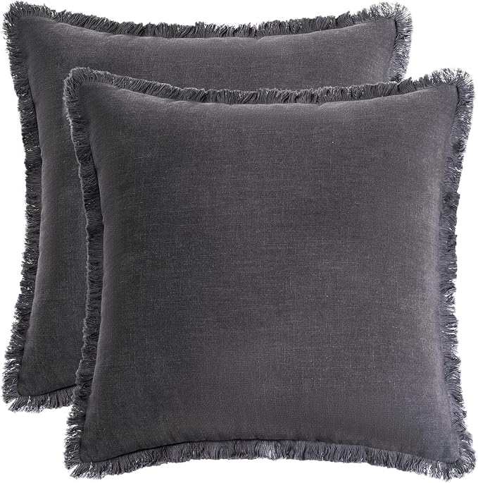 AmHoo Pack of 2 Linen Pillow Covers with Tassels Fringed Decorative Rustic Natural Throw Pillowcase Cushion for Couch Sofa Bedroom 22 x 22-Inch Dark Grey