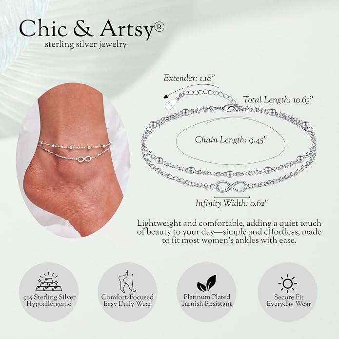 CHIC & ARTSY 925 Sterling Silver Ankle Bracelets for Women, Adjustable Layered Foot Chains with Nature & Symbol Charms, Lightweight Comfort Fit Boho Beach Everyday Jewelry