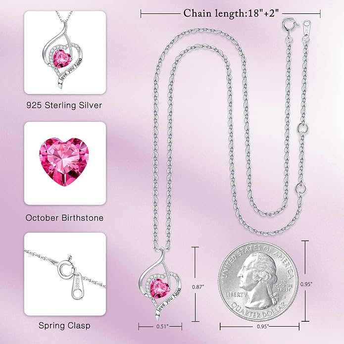 Nana Gifts Sterling Silver Heart Birthstone Necklaces, I Love You Nana Gifts for Mothers, Grandma