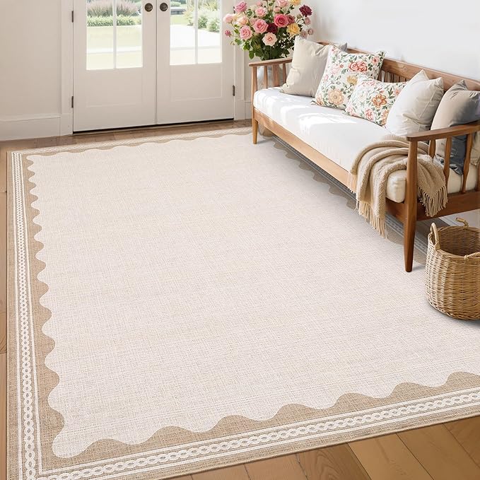 GarveeHome Scalloped Beige 8x10 Rug for Living Room Washable Non-Slip Solid Modern Minimalism Low-Pile Carpet 8 x 10 Rug for Bedroom Dining Nursery Mat with Rubber Back
