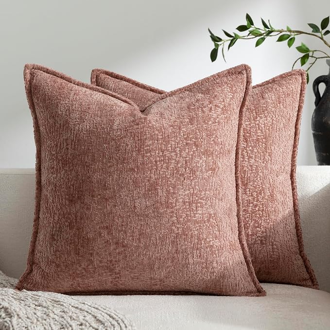 DEZENE Pack of 2 Dusty Pink Decorative Throw Pillow Covers 22x22 Cozy Soft Chenille Accent Vintage Square Couch Pillow Covers for Home Decor Bed Sofa Living Room