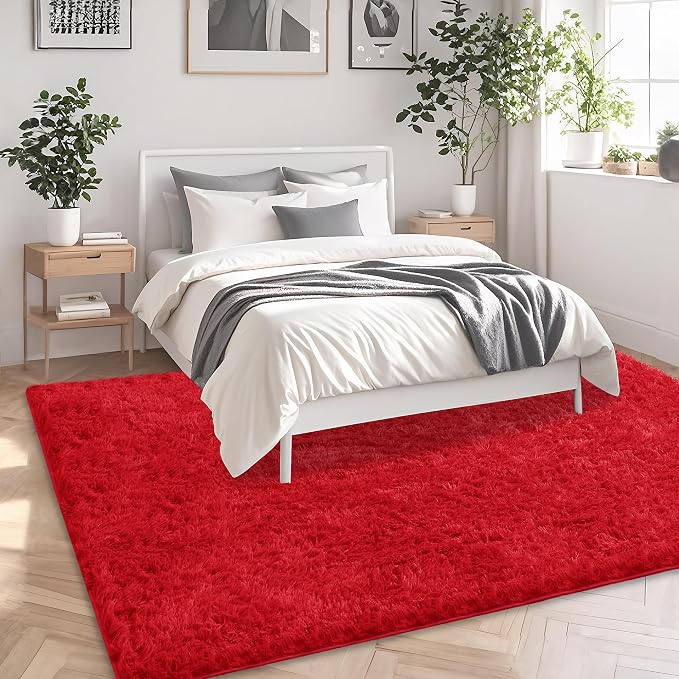 Red Fluffy Shag Area Rug for Bedroom Living Room Girls Kids, 4x6 | Ultra Soft Comfy, Fuzzy Shaggy Plush Carpet for Nursery, Modern Indoor Home Decor, Upgrade Non-Slip