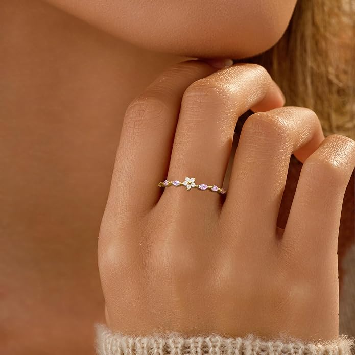 SUYACS 925 Sterling Silver Flower Rings with 6 Marquise Cut Pink Birthstone for Women Gold Plated Cute Opal Floral Small Stackable Ring Mother Daughter Statement Ring Jewelry Birthday Gifts