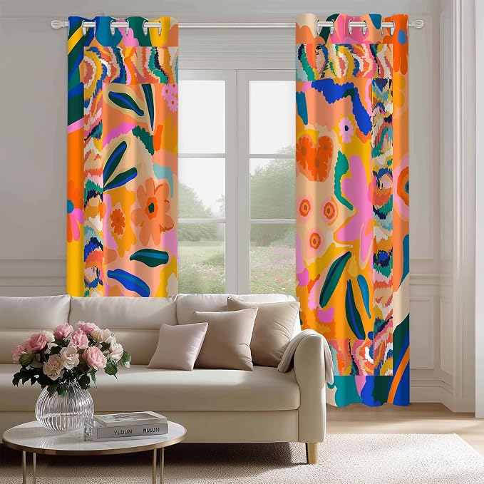 Abstract Colorful Blackout Curtains, Bright Patterned Boho Floral Jungle Decor for Home Bedroom, Living Room Grommet Window Drapes 2 Panel Set, 52"x84"