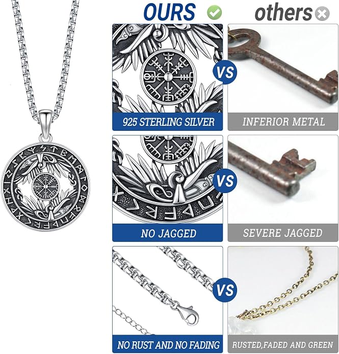 Eusense Viking Necklace for Men Women 925 Sterling Silver Pendant Thors Hammer/Norse Runes/Odin's Ravens/Wolf/Dragon/Snake/Yggdrasil/Freya/Helm of Awe/Valknut/Triskelion/Axe/Shield Viking Jewelry