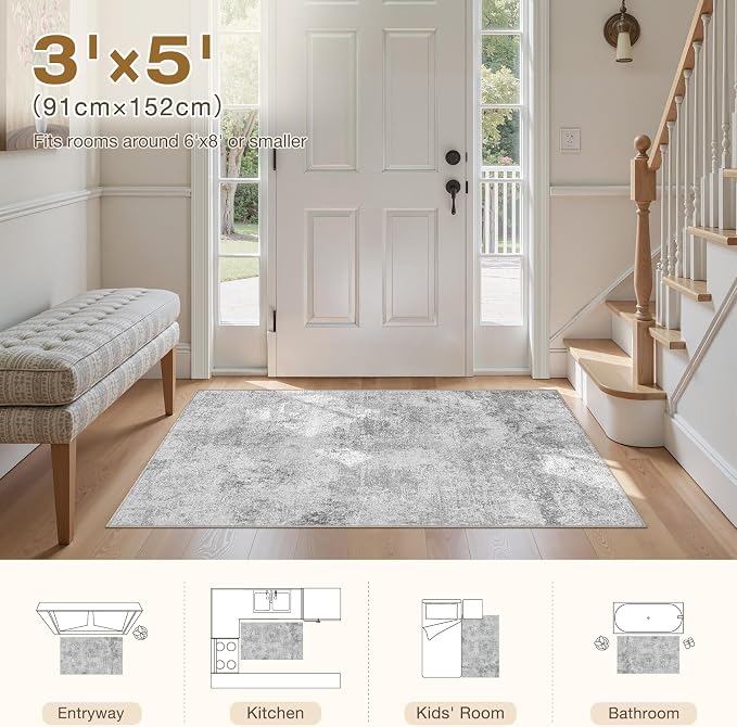 Tortania Area Rug Living Room Rugs - 3x5 Washable Soft Neutral Boho Moroccan Farmhouse Mat Indoor Floor Carpet for Bedroom Under Dining Table Home Office Decor - Ivory Grey