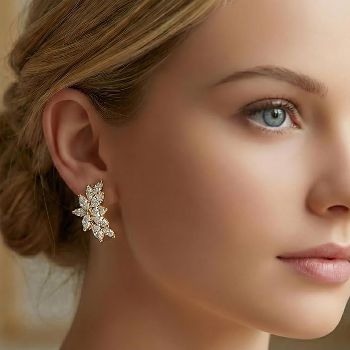 Mariell Clip-On Cubic Zirconia Crystal Bridal Earrings, Marquise Shape CZ Curved Clusters, Women Earrings for Wedding, Bridesmaids, Homecoming, Mother of the Bride