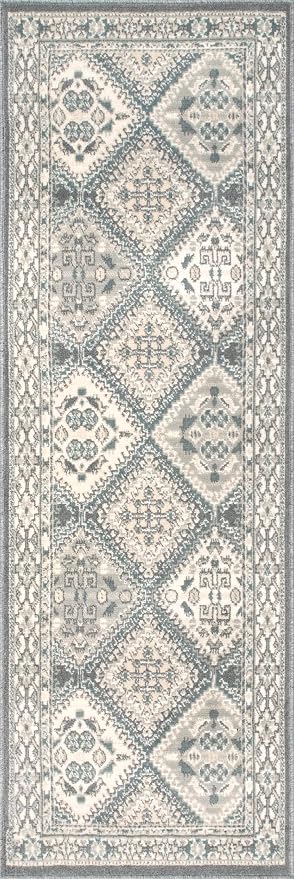 nuLOOM 2' x 10' Becca Traditional Tiled Area Rug, Charcoal, Faded Transitional Design, Stain Resistant, for Bedroom, Dining Room, Living Room, Hallway, Office, Kitchen, Entryway