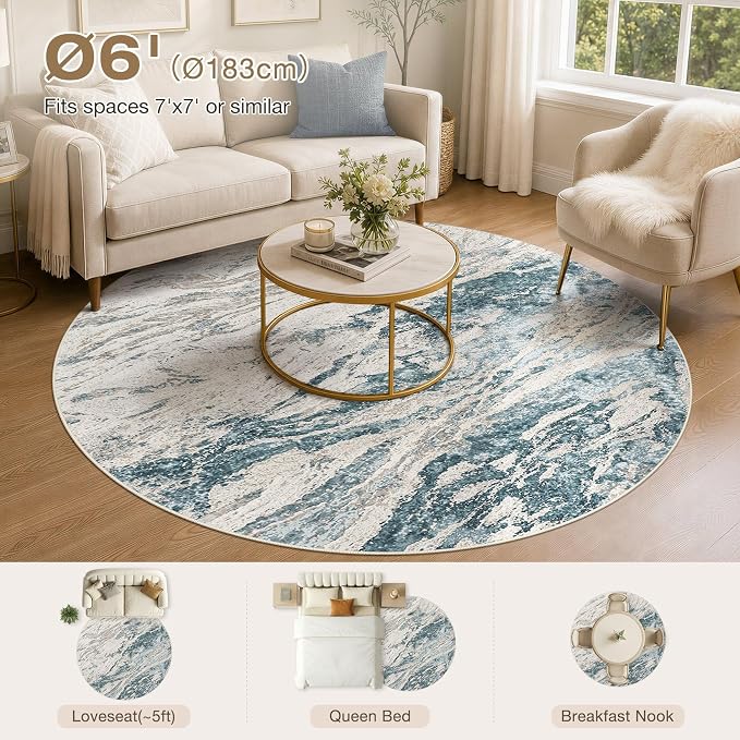 Area Rugs for Living Room: 6ft Round Abstract Washable Rug Modern Neutral Large Soft Stain Resistant Non-Slip for Bedroom Dining Room Indoor Home Office Carpet - Blue Brown