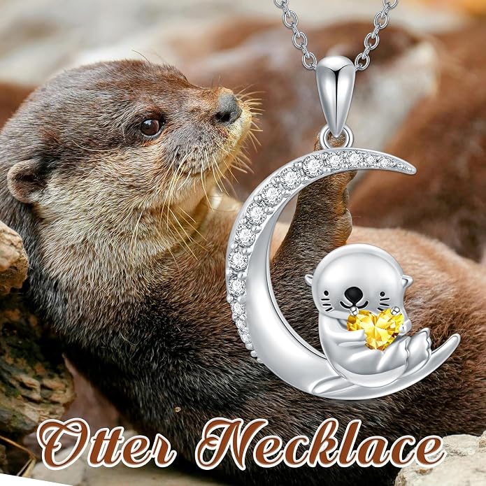 PROESS Animal Birthstone Necklace 925 Sterling Silver Otter/Axolotl/Hippo/Elephant/Dachshund/Monkey/Red Panda Pendant Necklace Animal Birthstone Jewelry Gifts for Women