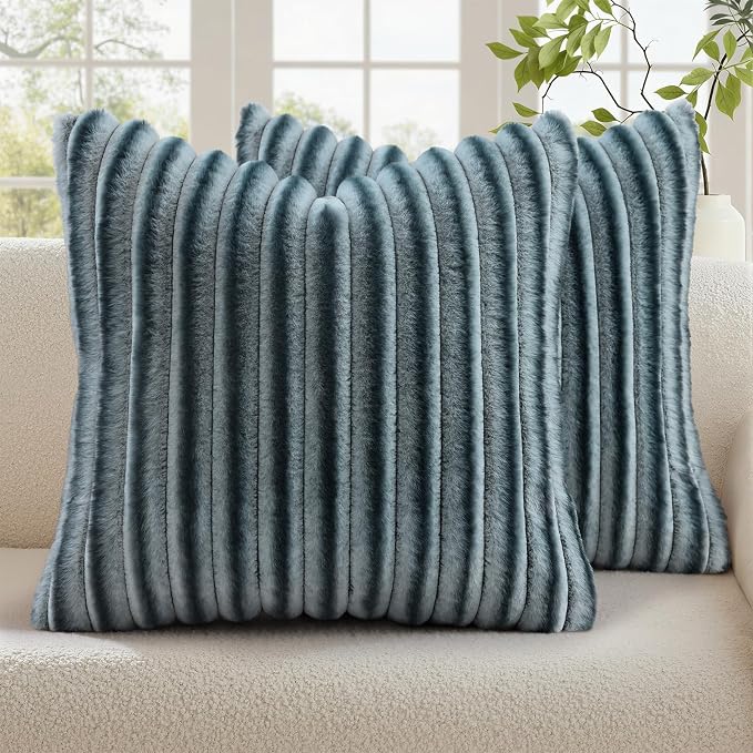 decorUhome Fall Faux Fur Throw Pillow Covers 18x18 Set of 2 Blue Grey | Decorative Soft Cozy Striped Plush Modern Farmhouse Boho Couch Pillow Cases Velvet Back for Sofa Bed Living Room Home Decor