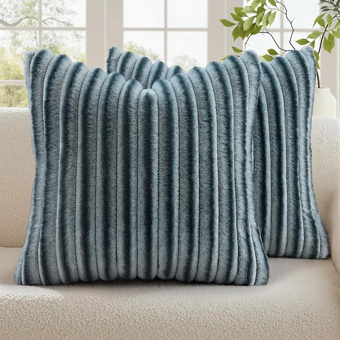 decorUhome Fall Faux Fur Throw Pillow Covers 22x22 Set of 2 Blue Grey | Decorative Soft Cozy Striped Plush Modern Farmhouse Boho Couch Pillow Cases Velvet Back for Sofa Bed Living Room Home Decor