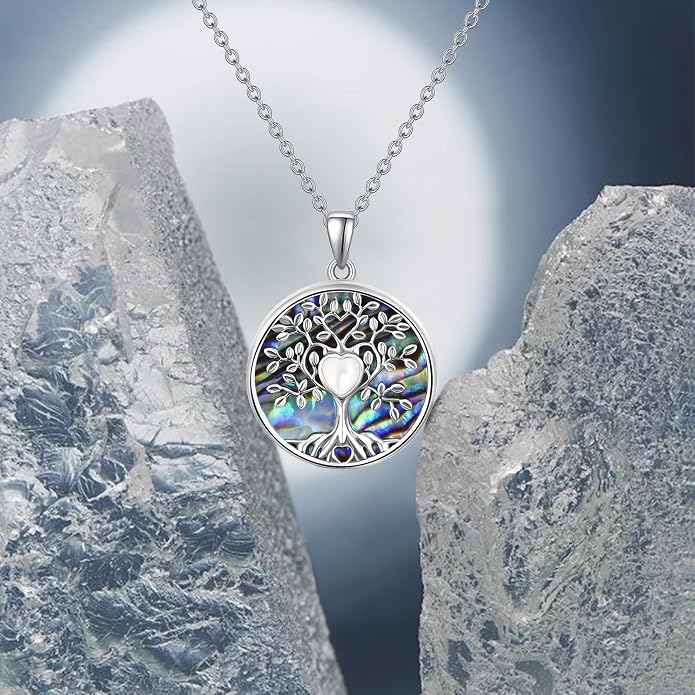 Tree of Life Necklace for Women – Sterling Silver Nature-Inspired Dainty Round Pendant, Green Abalone Shell Inlaid - Spiritual Jewelry Gift