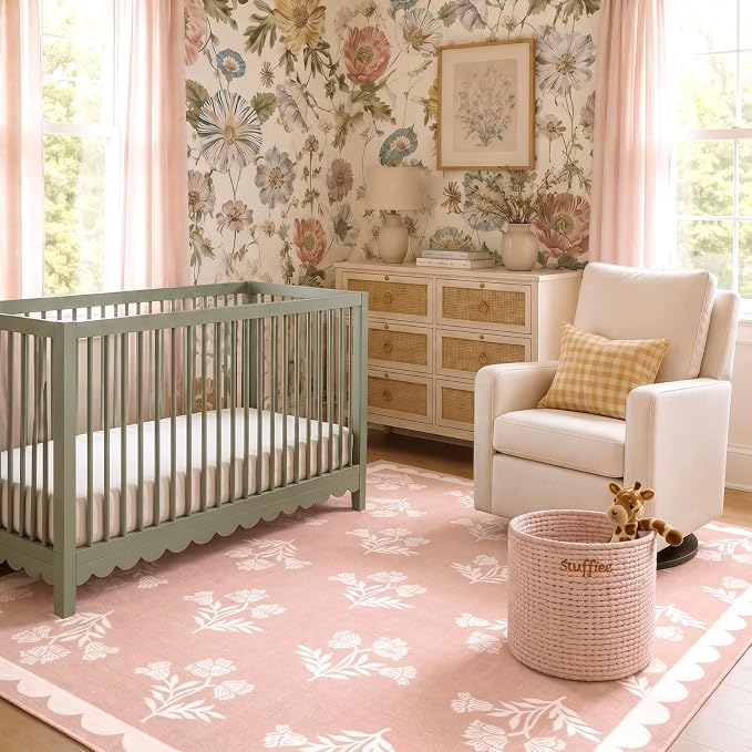 Pink Rugs for Bedroom Girls - 5x7 Cute Pastel Pink Soft Washable Boho Scalloped Bedroom Rug Non Slip Stain Resistant Rugs for Living Room Nursery Kids Playroom Dorm Preppy Baby Room Home Decor