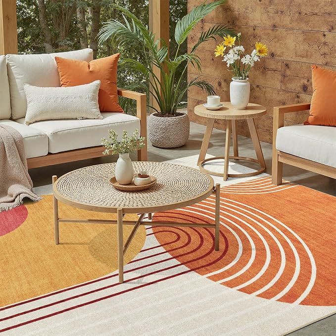 DCX Abstract Machine Washable 4x6 Rug, Mid Century Modern Rug for Living Room, Soft Low Pile Non Slip Carpet, Kid & Pet Friendly Stain Resistant Rug for Bedroom Dining Room Office, Orange & Yellow