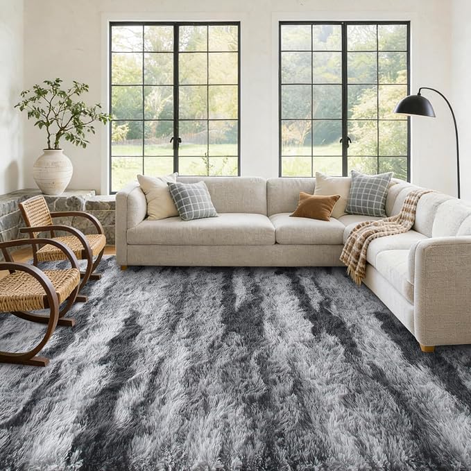Large Shaggy 6x9 Area Rugs for Living Room Decor, Non-Slip Tie-Dyed Rugs for Bedroom Kids Playroom Dorm Room, High Pile Ultra Soft Carpet, Grey