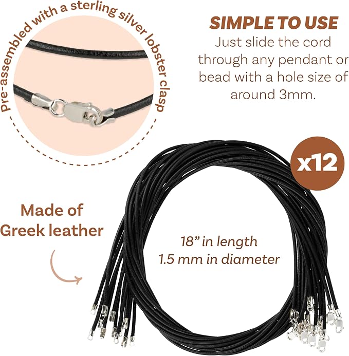The Beadsmith Greek Leather Necklaces – Black, 18” in Length, Assembled with Sterling Silver Lobster Clasp, 12-Pack