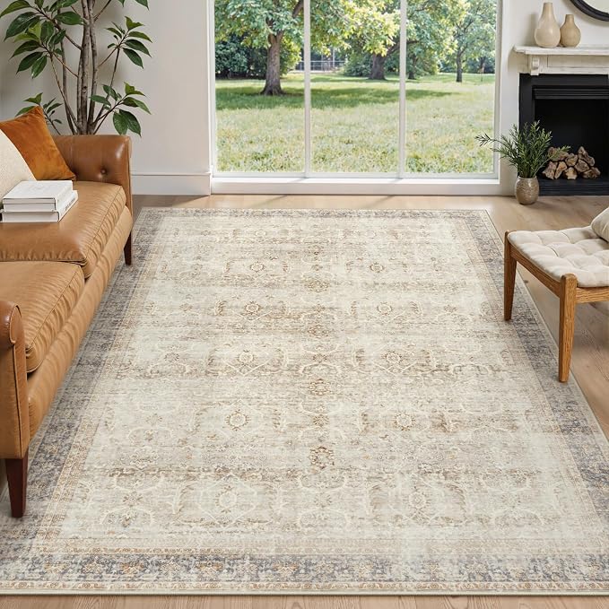 Collive Washable Area Rug 6x9, Large Boho Rugs for Living Room Vintage Soft Rugs for Bedroom, Non Slip Ultra-Thin Dining Room Floor Carpet for Entryway Kitchen Office - Tan