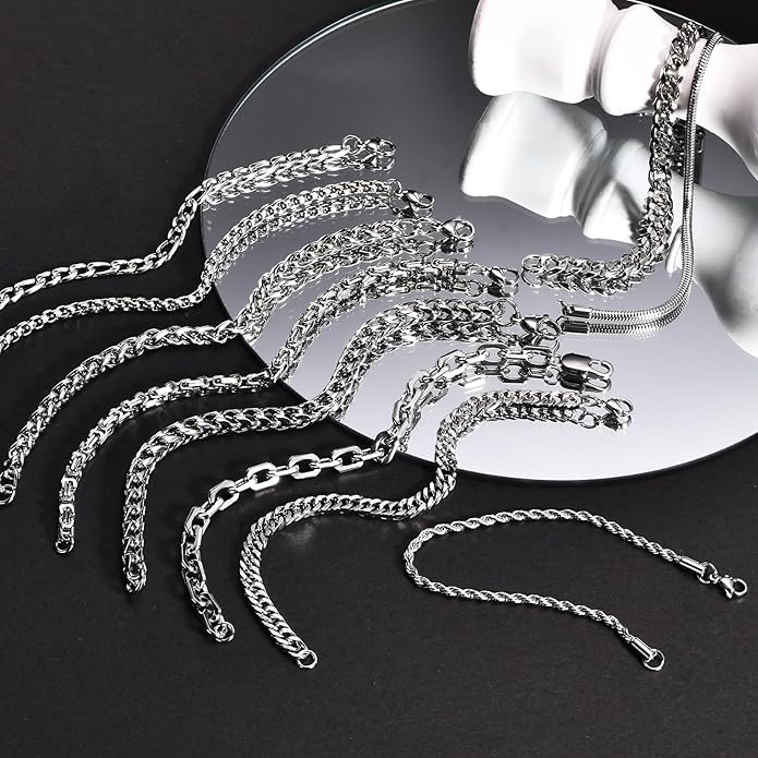 VNOX Silver Chain Bracelet for Men - 10 Pcs Solid Stainless Steel Rope/Figaro/Paperclip/Cuban Link/Snake Curb Chunky Chain Bracelet Set Wrist Band for Men Women Boys,Mens Jewelry Set