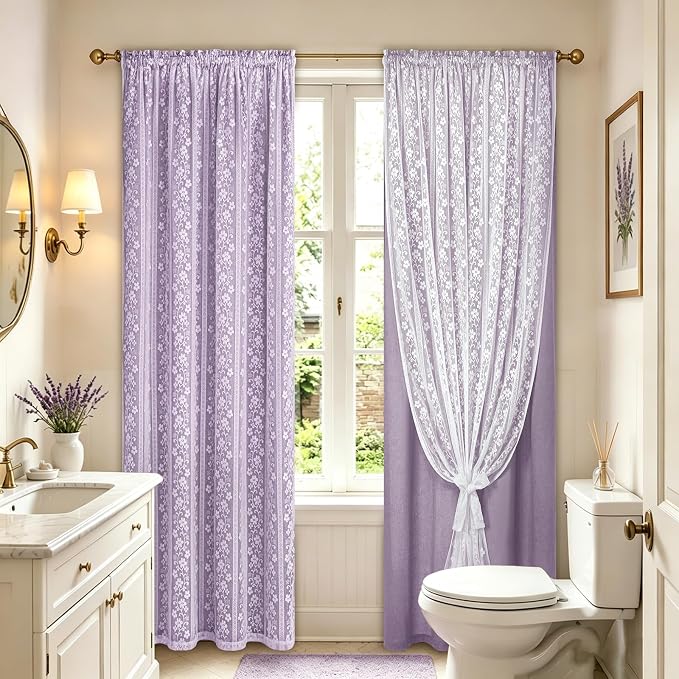 ASPMIZ Linen Curtains for Living Room Double Layer Curtains with Linen Lace, Purple Curtain for Bedroom Light Filtering, Rod Pocket Drapes 84 Inch Length 2 Panels Set with 2 Tiebacks, 52x84