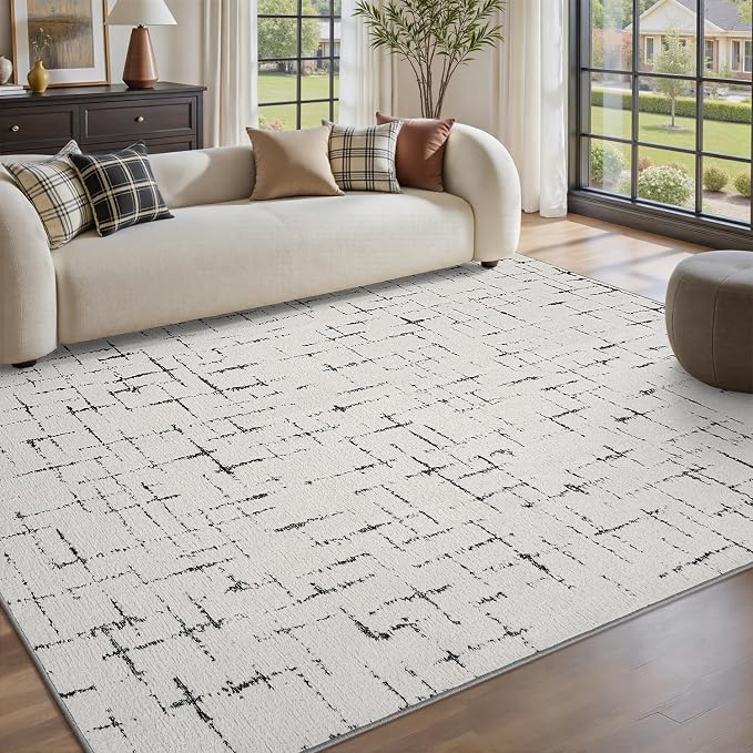 Engiw-Neutral 6x9 Area Rug for Living Room Rug-Carpet Bedroom Rugs Textured Tufted Jacquard Modern Washable Rug for Dining Room Nursery Non Slip-Black and White