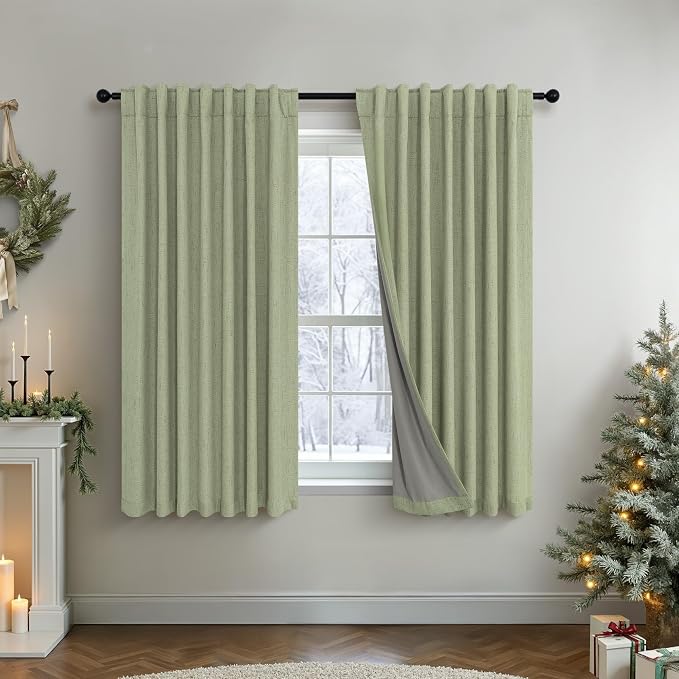 Light Sage Green Short Blackout Curtains for Small Bathroom Window Kitchen Door Back Tab Pocket 45 Inch Length 2 Panel Linen Look Noise Reducing Dampening Vintage Moody Curtain for Room Divider Closet