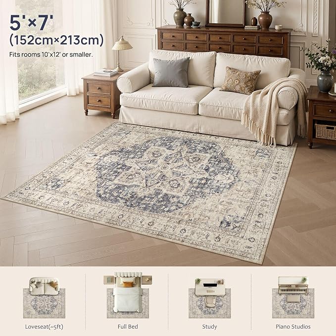 Tortania Area Rug Living Room Rugs - 5x7 Washable Boho Rug Vintage Oriental Distressed Farmhouse Large Thin Indoor Carpet for Living Room Bedroom Under Dining Table Home Office - Cream Blue