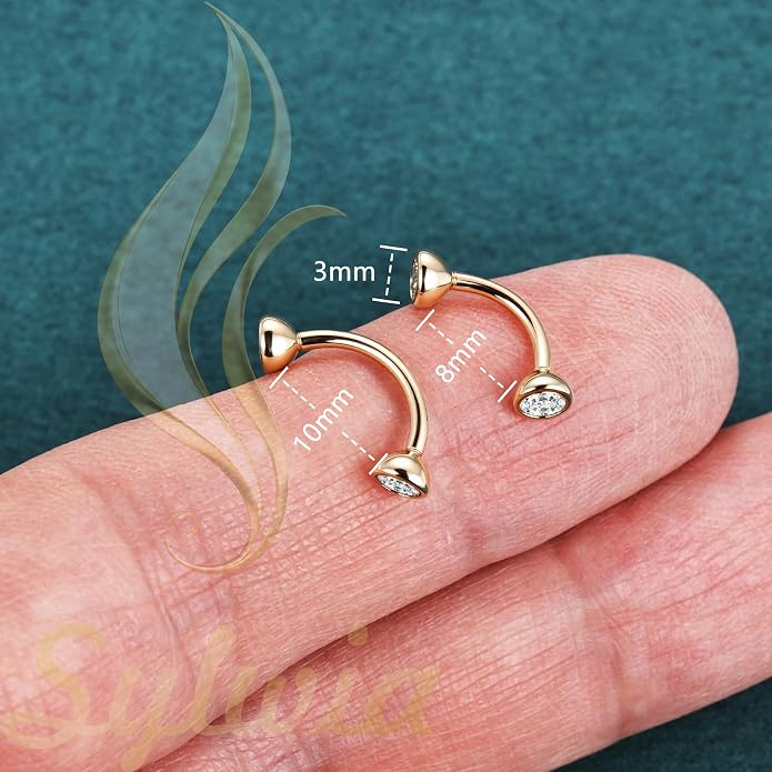 SYLWIA 14K Real Gold Eyebrow Rings, 16G Internal Thread Rook Piercing Jewelry, Diamond CZ - 3MM, Solid Gold Belly Rings Eyebrow Piercing Jewelry for Women