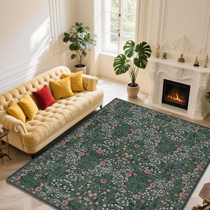 Vintage Green Living Room Rug, 8x10 Washable Area Rugs for Dining Room Under Table, Soft Low Pile Large Carpet Bedroom, Non-Slip Boho Floral (8 x 10 Green)