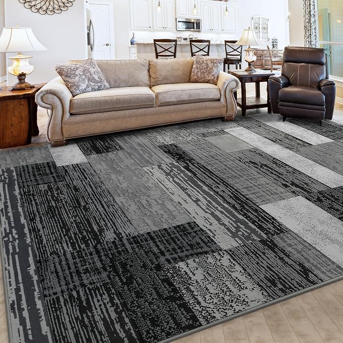 FlyDOIT Modern Geometric Patchwork Area Rug, 4x6 Grey Large Rugs for Living Room, Rockwood Collection Indoor Rugs for Bedroom, Throw Carpet Floor Decor for Entryway Dining Room Office Nursery
