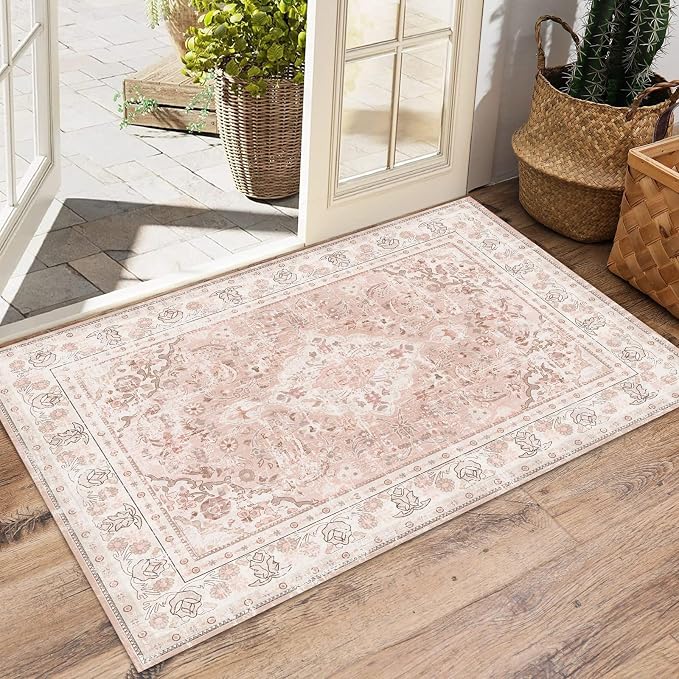 Vhong 2×3 Dusty Pink Area Rugs Washable Boho Vintage Modern Neutral Small Carpet Doormat for Bathroom Kitchen Entryway Girls' Room Nursery Room Non Slip