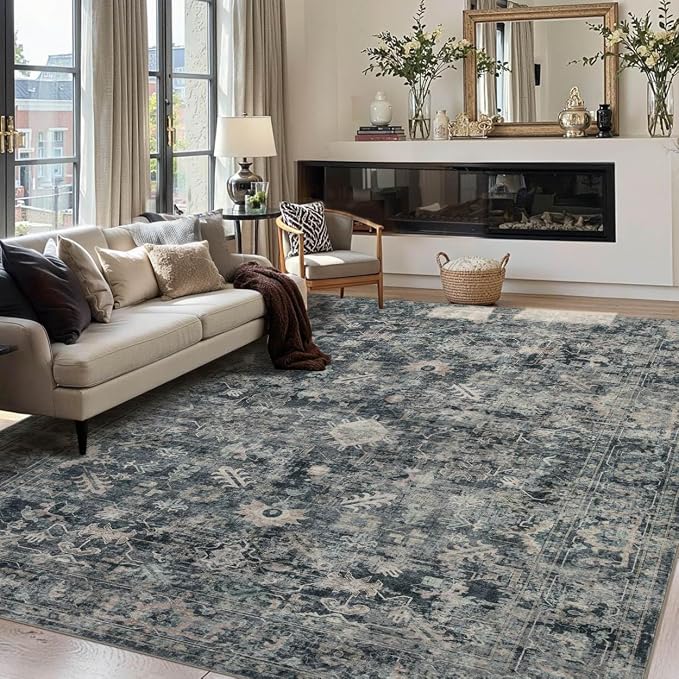 Rugxara Blue 8x10 Area Rugs for Living Room Bedroom Large Washable Rug | Non Slip, Rug for Dining Room Office Kids Room, Stain Resistant, Soft, Low Pile, Vintage Boho Retro Carpet,Home Decor