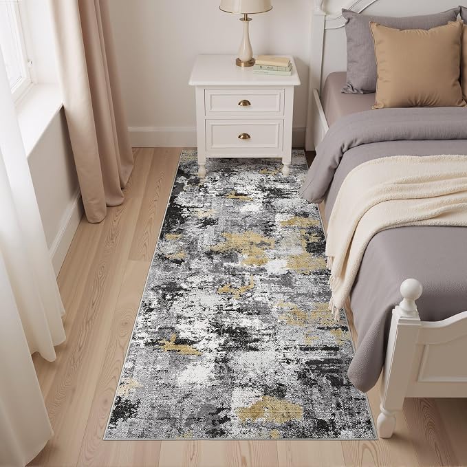 Abstract 3x8 Runner Rug: Machine Washable Non Slip Ultra Thin Low-Pile Carpet, Soft Stain Resistant for Hallway Kitchen Bathroom, Kid Pet Friendly, Robot Vacuum Compatible - Black Gold