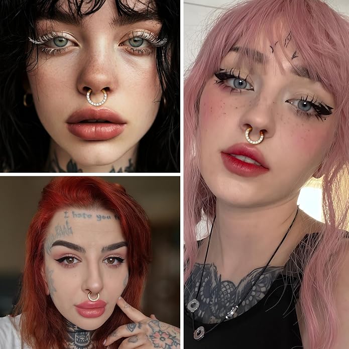 BodyBonita G23 Titanium 0G 2G 4G 6G 8G 10G 12G 14G CZ Septum Rings PA Nose Hoops Clicker Ear Weights for Stretched Ear Piercing Jewelry 10mm 12mm Silver/Gold/Black