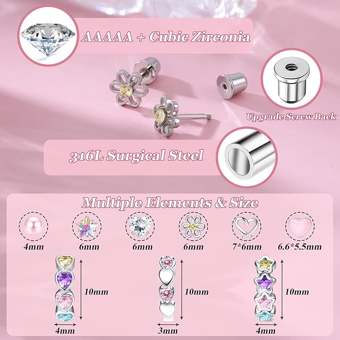 THUNARAZ Hypoallergenic Earrings for Girls Women Surgical Stainless Steel Earrings Set for Sensitive Ears Screw Back Stud Earrings Kids Toddler Cute Heart Hoop Earrings Jewelry Gift for Teen Girls