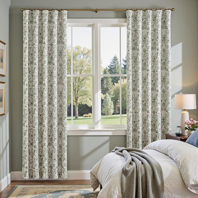 jinchan Green Floral Blackout Curtains 84 Inch Farmhouse Back Tab 2 Panels | Green on beige, room darkening, traditional vintage drapes, bedroom, living room, botanical, flower print, window treatment