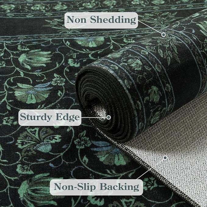 Lahome Floral Black Rugs for Living Room, Low Pile Soft Area Rugs 5x7 Rugs for Bedroom Non Slip, Stain Resistant Vintage Floral Rug for Dining Room Office (5'x7', Black/Green)