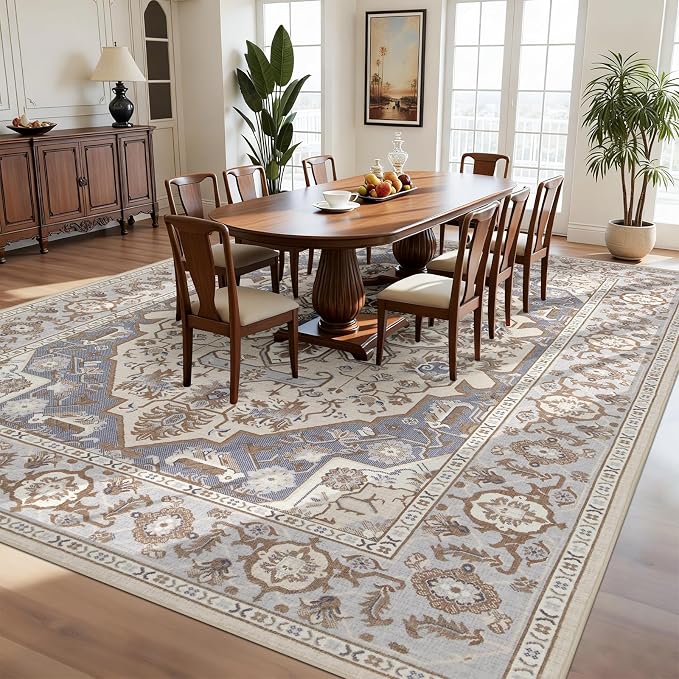 Joydeco 8x10 Area Rugs for Living Room, Non Slip Machine Washable Vintage Rug, Low Pile Chenille Print Rugs for Bedroom, Dining Room, Home Office, Pet & Child Friendly, Beige & Blue & Reddish-Brown