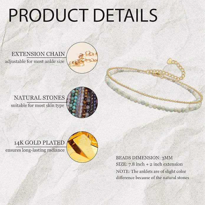 Ankle Bracelet for Women, Dainty 18k Gold Natural Stone Beaded Anklet Adjustable Double Ankle Chain Waterproof Summer Boho Foot Jewelry Birthday Anniversary Graduation Gifts