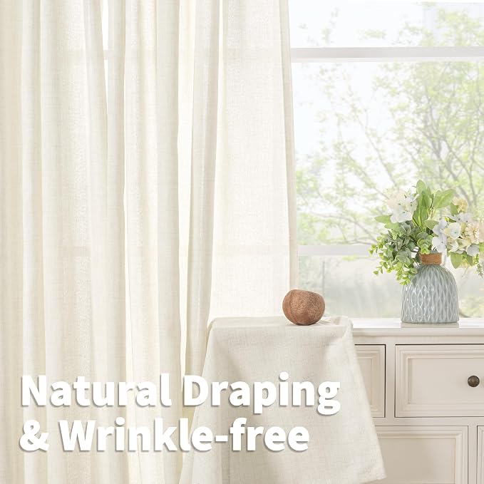 YoungsTex Ivory Linen Curtains 63 Inch Length for Living Room Window | Light Filtering Drapes Cream Semi Sheer with Bronze Grommet for Bedroom Decorative, 52 x 63 Inch, 2 Panels