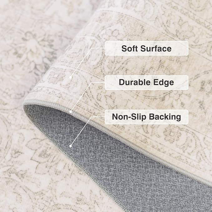 FMFUNCTEX 4ft Round Washable Area Rug Beige Vintage Neutral Oriental Distressed Small Non Slip Carpet for Living Room Bedroom Soft Low Pile Indoor Mat Retro Cream Rug for Dining Room Kitchen Office