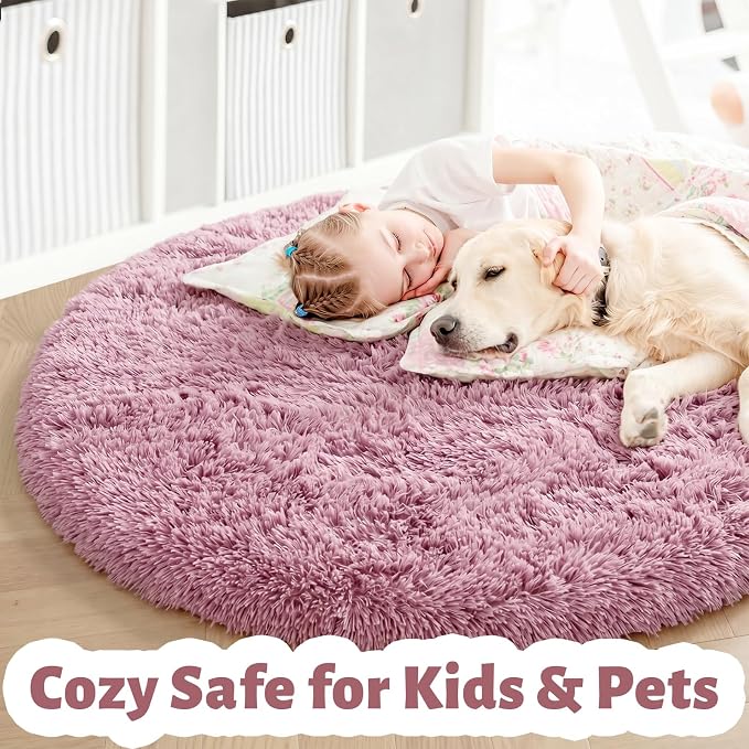 Amdrebio Mauve Pink Round Area Rug 6Ft for Girls Bedroom, Cute Fluffy Shaggy Circle Rugs for Kids Room Decor, Shaggy Furry Carpet for Princess Nursery Playroom, Large Fuzzy Plush Dusty Rose Blush Rug