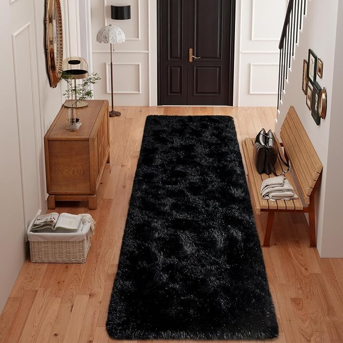 Dssimo 2x6 Black Runner Rug for Bedroom Hallway Living Room | Soft Fluffy Shag Non-Slip Carpet for Kids,Girls Boys and Teens Decorations for Living Room Dorm Nursery Classroom