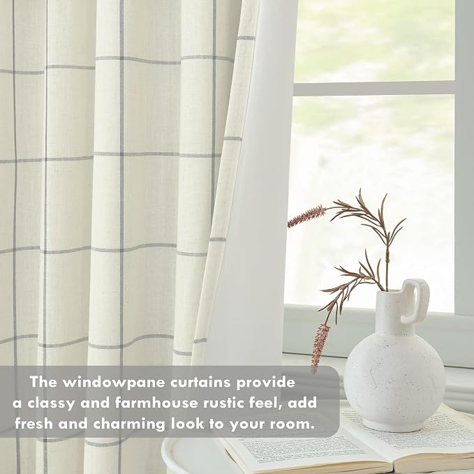 DriftAway 100% Blackout Plaid Linen Curtains 63 Inches Long 2 Panels Gray | 100% Blackout, Linen Texture, Plaid Pattern, Two Layers, Rod Pocket & Back Tab, Bedroom Living Room Use, Luxury Appearance