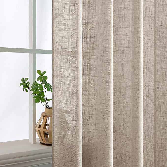 MIULEE Natural Linen Curtains 96 Inches Long 2 Panels for Bedroom Living Room, Soft Linen Textured Window Drapes Semi Sheer Light Filtering Back Tab Rod Pocket Farmhouse Modern Burlap Look Decor